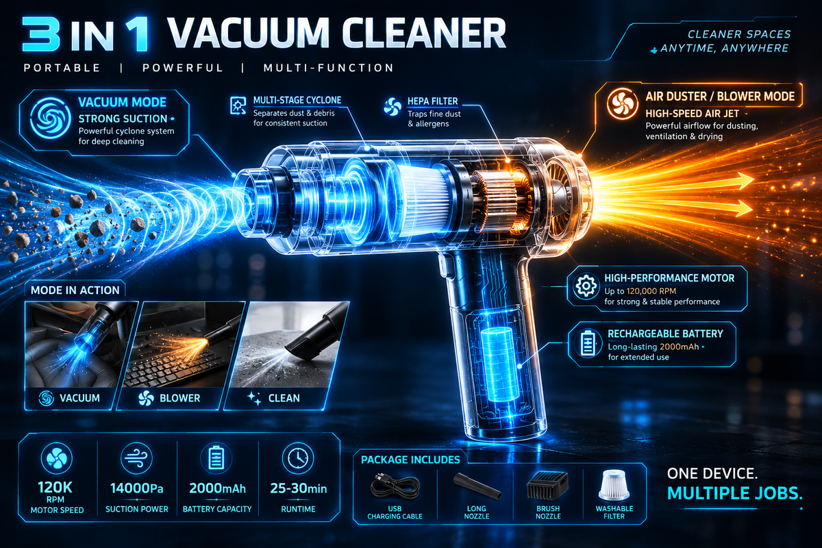 Mini Portable Car Vacuum Cleaner & Air Blower
